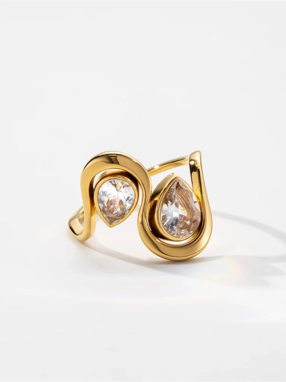 18K Gold Plated Open Ring, Dual Pear-Cut CZ Stones, Waterproof Stainless Steel